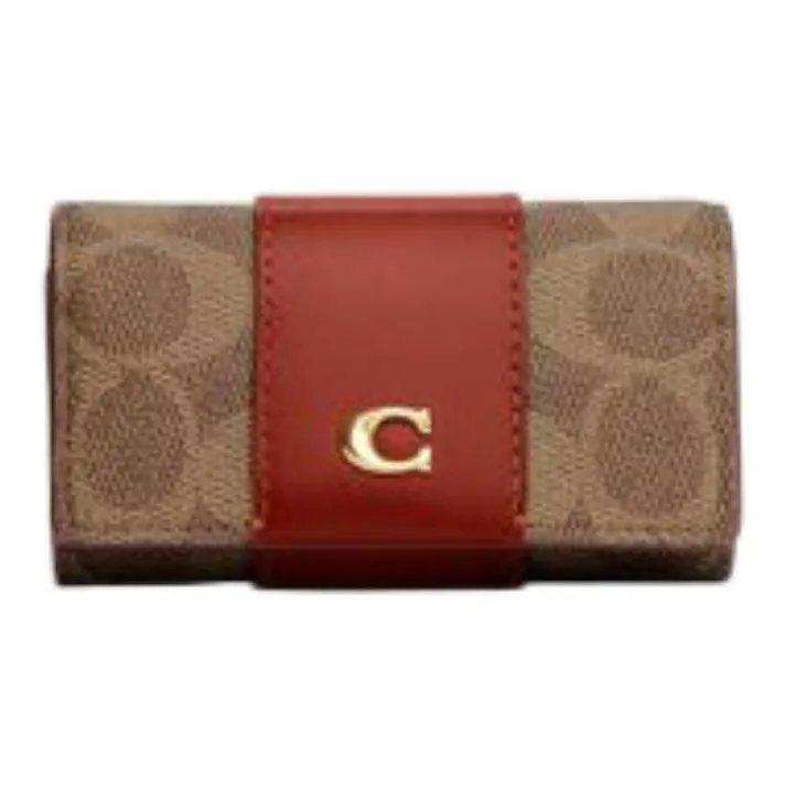 COACH Canvas With Calfskin Card Holder Coin Purse Key Pouch Women's Brown-0