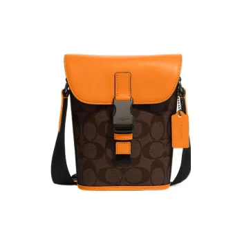 COACH Track Canvas With Calfskin Messenger Bag, Shoulder Bag, Crossbody Bag Trumpets Men's Orange & Dark Brown