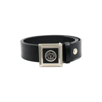 VERSACE JEANS COUTURE V Shaped Badge Smooth Buckle Leather Belts Men's Black Width  4CM