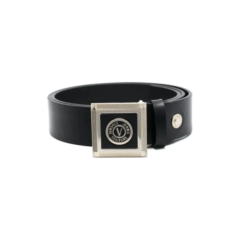 VERSACE JEANS COUTURE V Shaped Badge Smooth Buckle Leather Belts Men's Black Width  4CM-0