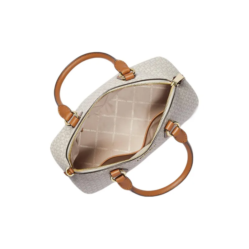 MICHAEL KORS Veronica Canvas Dome Bag, Shoulder Bag, Crossbody Bag, Handbag Medium Size Women's Vanilla White & Brown-1