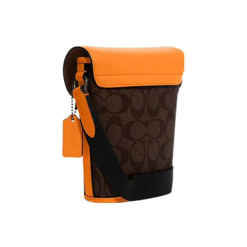 COACH Track Canvas With Calfskin Messenger Bag, Shoulder Bag, Crossbody Bag Trumpets Men's Orange & Dark Brown-1