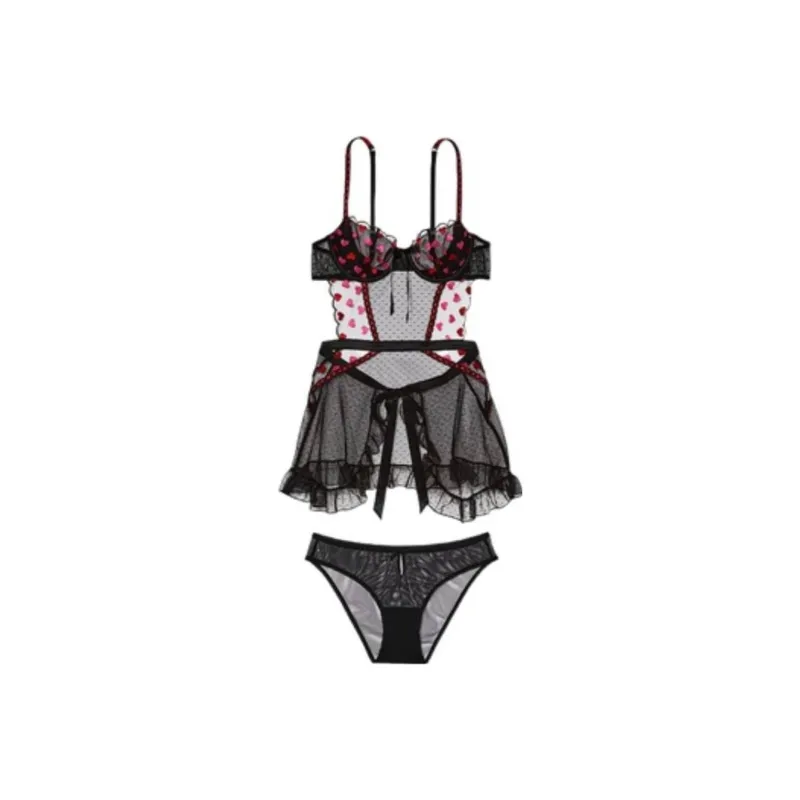 Victoria's Secret Underwear Set Women's Black Background Heart Embroidery-0