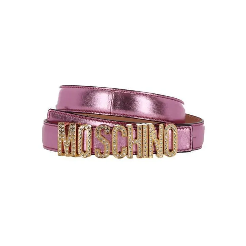 MOSCHINO Embellished Logo Smooth Buckle Leather Belts Women's Pink Width: 2.5CM-0