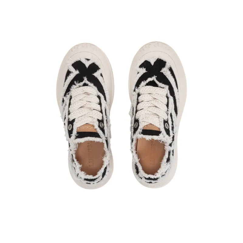 LUCKISLE Step By Step Lotus Lucky Shoes Low-Top Canvas Shoes Unisex Dopamine Dressing Black White-4