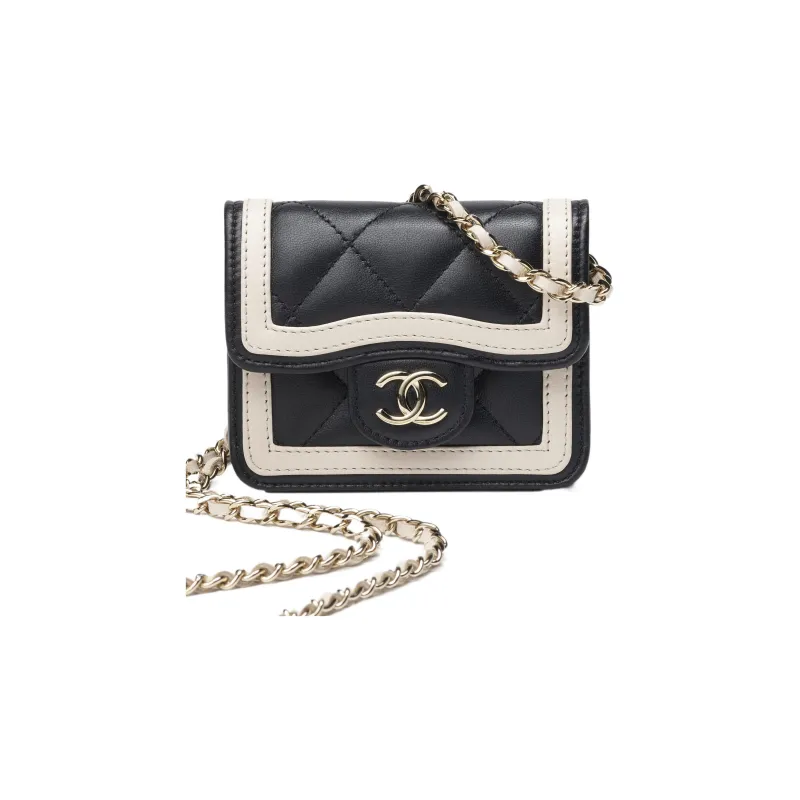 CHANEL Lambskin Shoulder Bag, Crossbody Bag Mini Women's Black/Beige-2