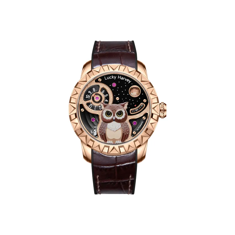 LUCKY HARVEY Owl Series Automatic Mechanical Movement Rubber Strap Watch Men's Watches Black Dial ZLS104-1