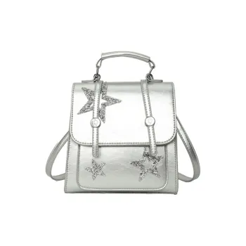 NOMK Leather Bucket Bag Crossbody One Shoulder Handbag Backpack Small Size Women's Silver