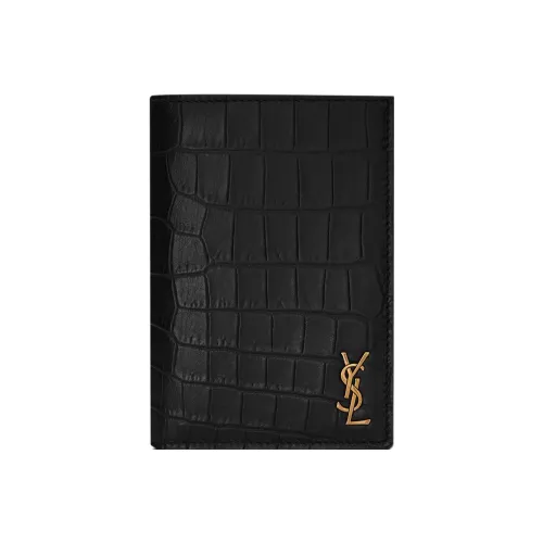 SAINT LAURENT Crocodile Pattern Embossed Matte Calfskin Card Holder Wallet Small Size Men's Black