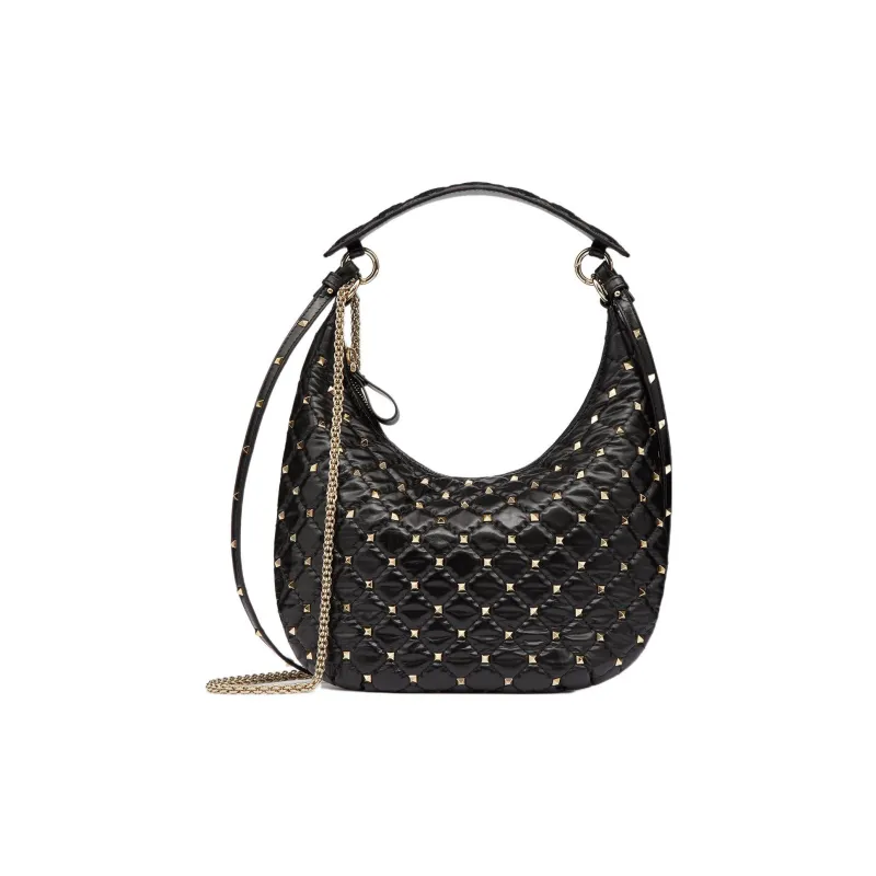 Valentino ROCKSTUD SPIKE Calfskin Hobo Bag, Crossbody One Shoulder Handbag Trumpets Women's Black-0