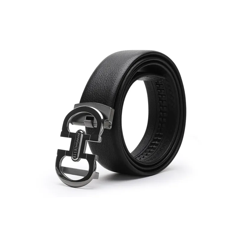 ELLE HOMME Men's Automatic Buckle Steel Buckle Genuine Leather Men's Belt Men's Black Width 3.7cm-1
