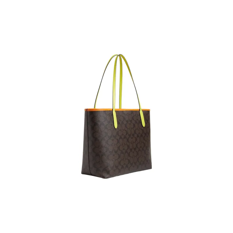 COACH City Canvas With Leather Tote Bag, Shopping Bag, Handbag, Shoulder Bag Large Size Women's Coffee-2