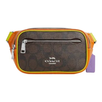 COACH Canvas With Leather Sling Bags One Shoulder Crossbody Fanny Pack Mini Women's Orange & Dark Brown