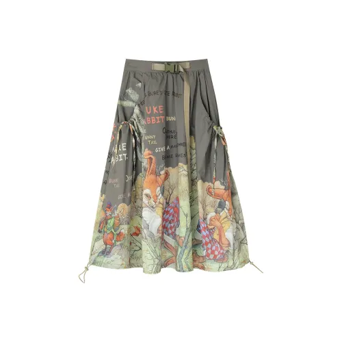 ELF SACK Casual Long Skirts Women's Illustrated Report Small Rabbit Brown