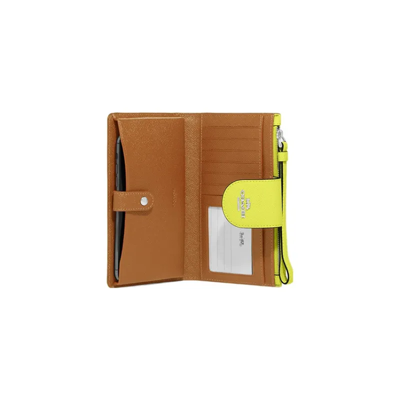 COACH Tech Wallet Cross-Stitch Leather Wrist Bags Clutches Wallets Small Size Women's Lemon-1
