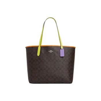 COACH City Canvas With Leather Tote Bag, Shopping Bag, Handbag, Shoulder Bag Large Size Women's Coffee