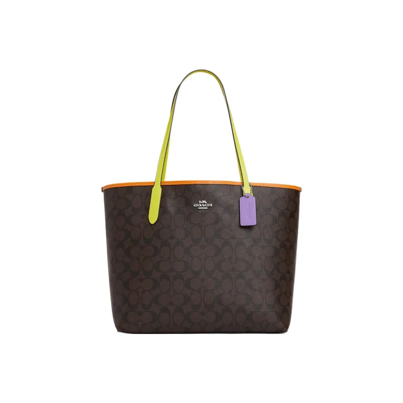 COACH City Canvas With Leather Tote Bag, Shopping Bag, Handbag, Shoulder Bag Large Size Women's Coffee-0