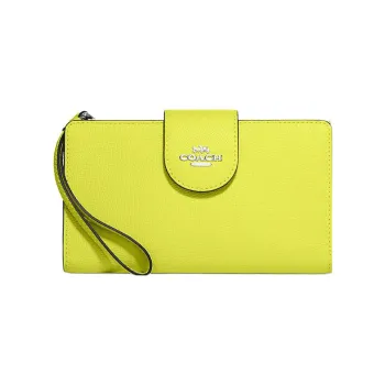 COACH Tech Wallet Cross-Stitch Leather Wrist Bags Clutches Wallets Small Size Women's Lemon