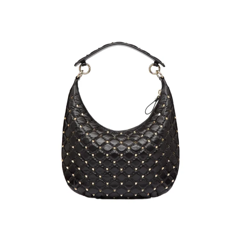 Valentino ROCKSTUD SPIKE Calfskin Hobo Bag, Crossbody One Shoulder Handbag Trumpets Women's Black-2