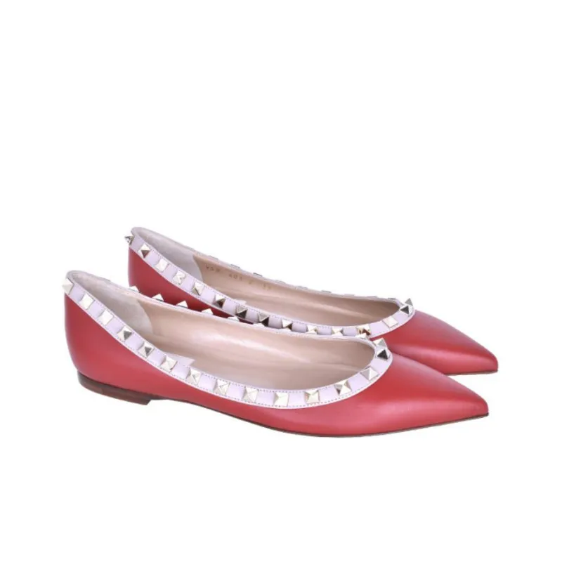 Valentino Rockstud Flat Shoes Women's Red-2