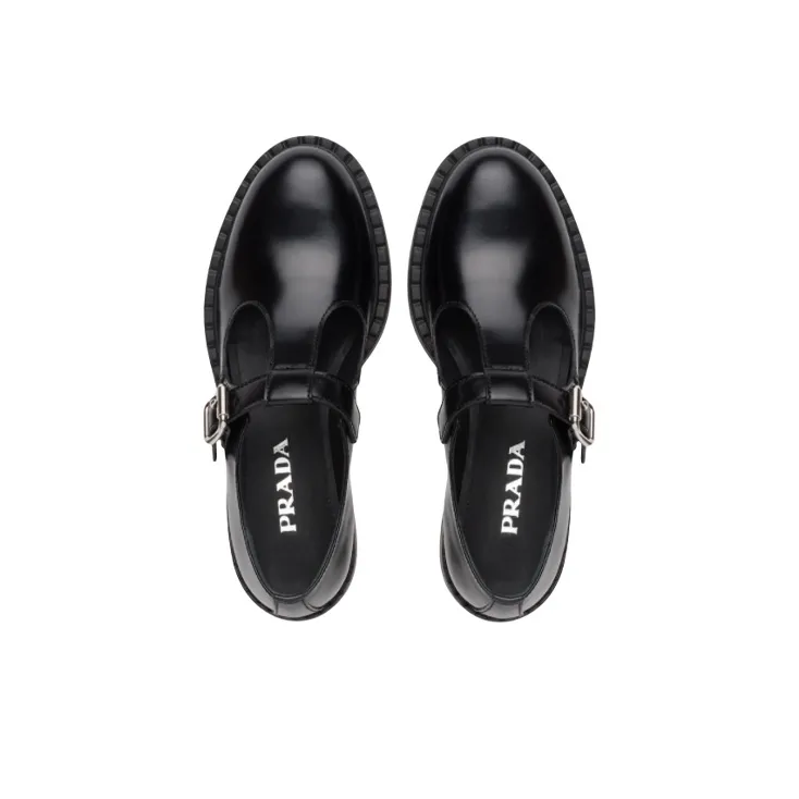 PRADA Brushed leather Mary Jane T strap Shoes 'Black' Women's-3