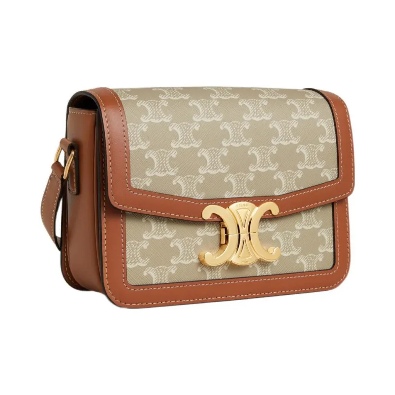 CELINE Triomphe Arc De Triomphe Cow Leather Binding Shoulder Bag, Portable Crossbody Bag Women's Beige Brown-1
