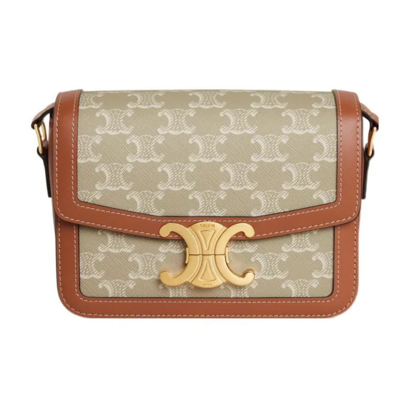 CELINE Triomphe Arc De Triomphe Cow Leather Binding Shoulder Bag, Portable Crossbody Bag Women's Beige Brown-0