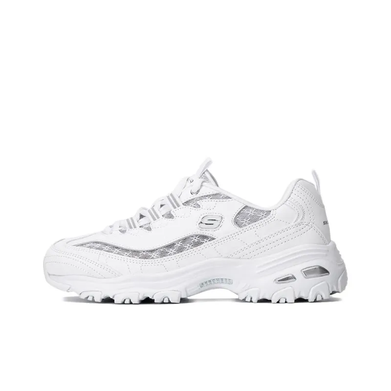 Skechers D'LITES 1.0 Cushioning Anti Slip And Wear Resistant Low Top Chunky Sneakers Women's White Silver-0