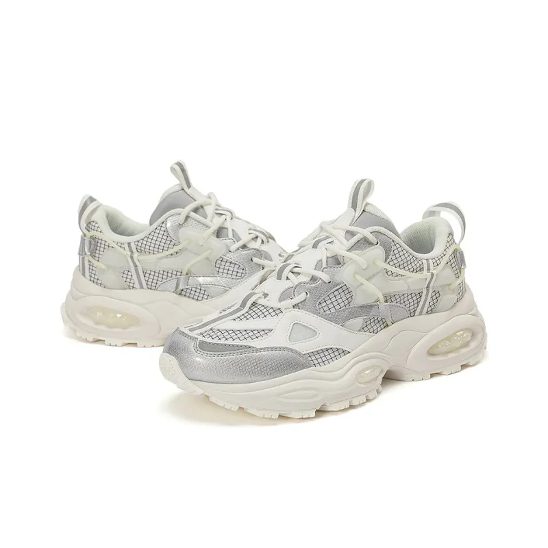 Kappa Cushioned Wear Resistant Height Increasing Low Top Chunky Sneakers Unisex White Silver-3