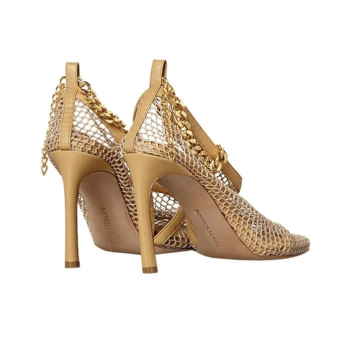 Bottega Veneta Chain Trimmed Mesh Sandals Beige Gold Women's-4