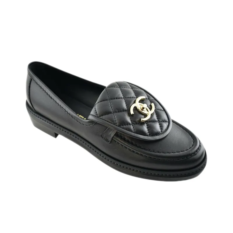 CHANEL Quilted Tab Loafers Black Leather-3