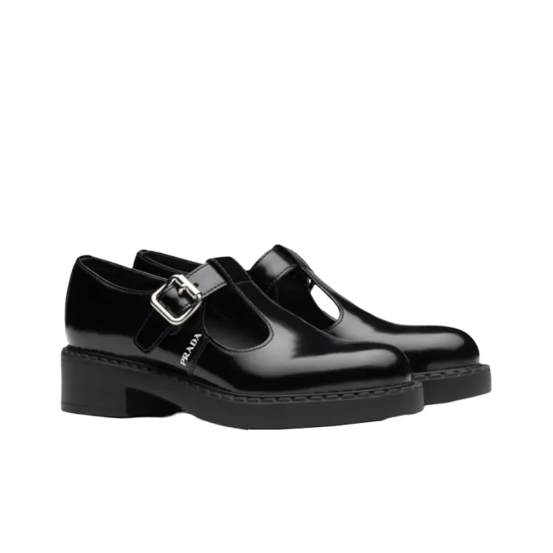 PRADA Brushed leather Mary Jane T strap Shoes 'Black' Women's-2