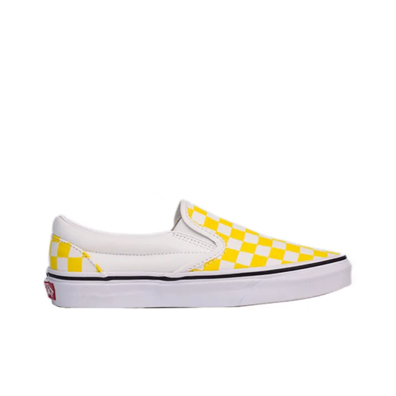 Vans Slip on Non slip Lightweight Low Top Canvas Shoes Unisex Yellow White Checkerboard-1