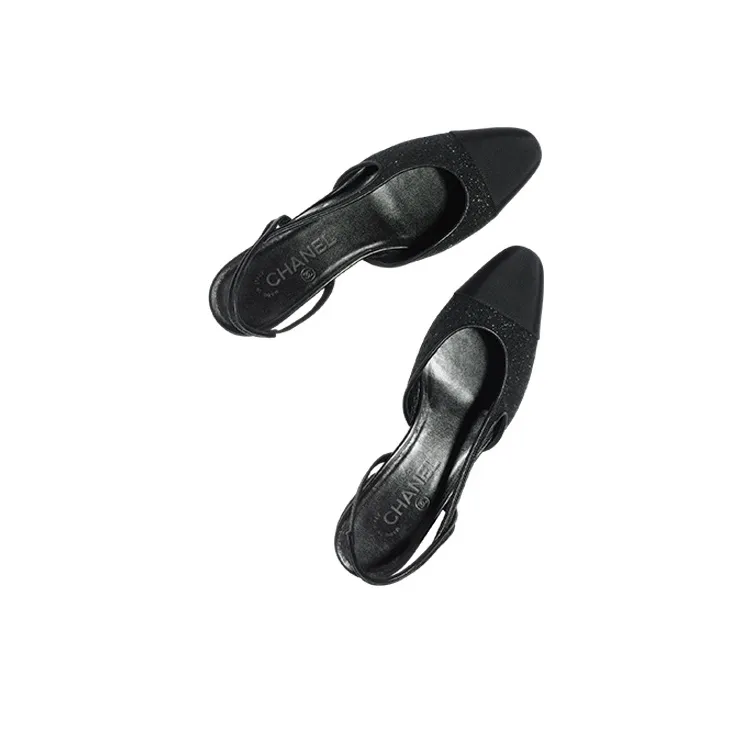 CHANEL Glitter 20mm Slingbacks Black Grosgrain Women's-3