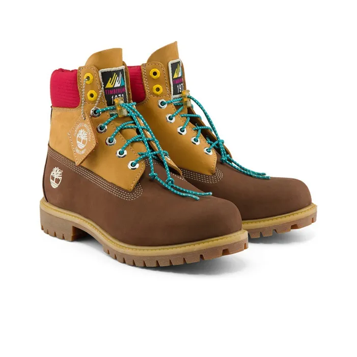 Timberland Premium 6 Inch Waterproof Wide Fit Boots 'Brown Nubuck With Yellow And Red Collar'-3