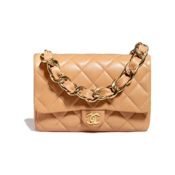 CHANEL Sheepskin Mouth Cover Bag Portable Crossbody Bag Shoulder Bag Large Size Women's Caramel