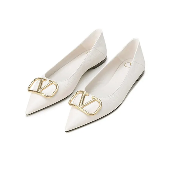 Valentino Vlogo Flat Unlined Shoes Women's Light Ivory White-2