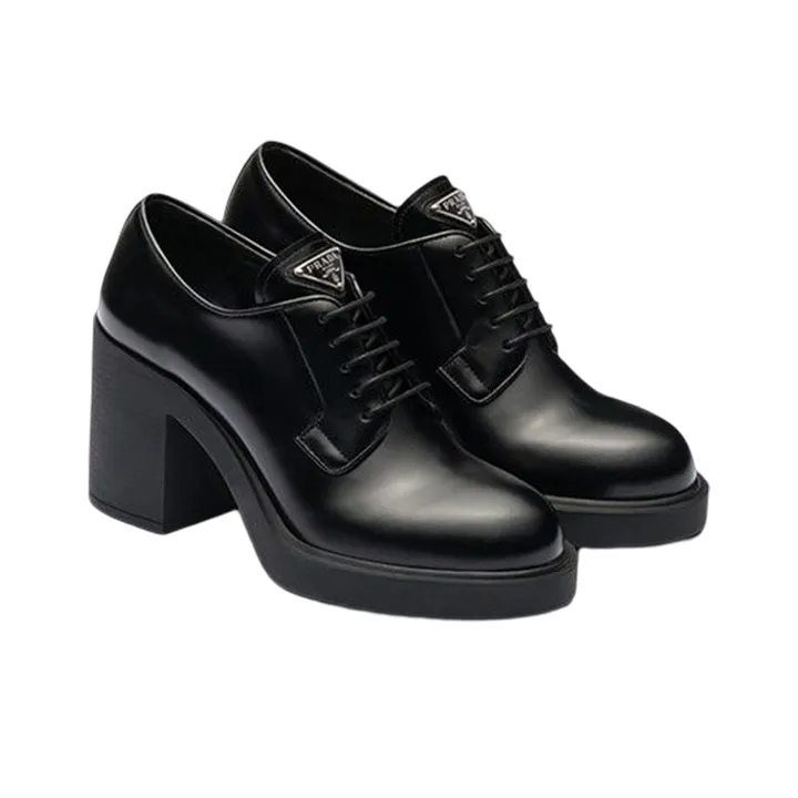 PRADA Lace Up 85mm Heels Black Brushed Leather Women's-3