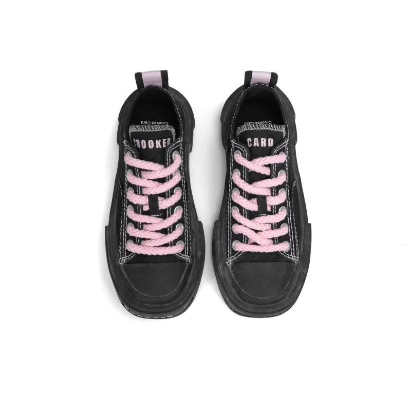 CROOKED CARD Low Top Canvas Shoes Unisex Black Pink-3
