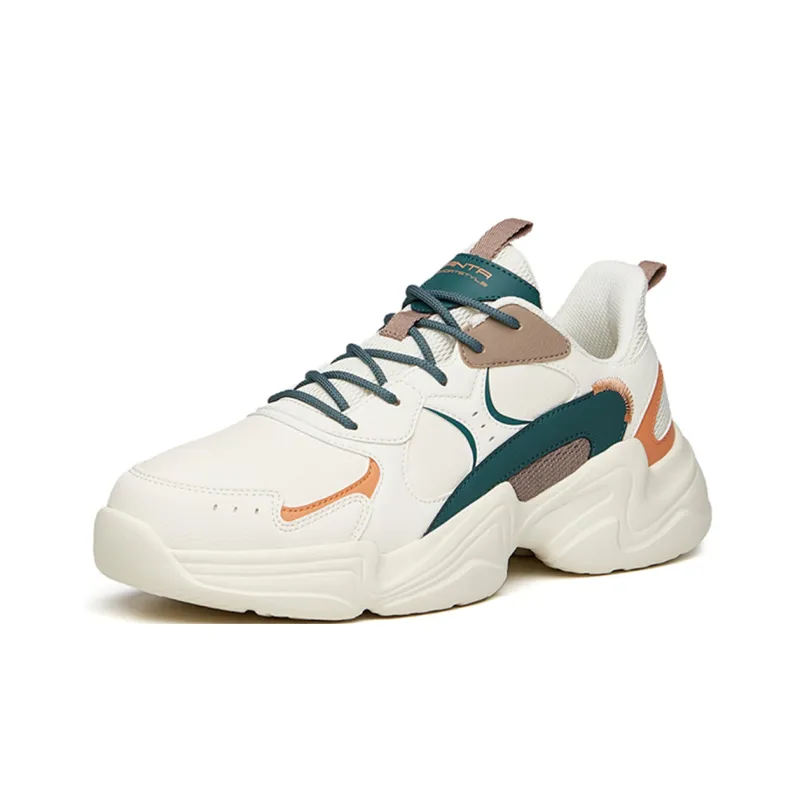 ANTA Chunky Sneakers Men Low Top Light Beige White/Dark Moss Green/Orange-1