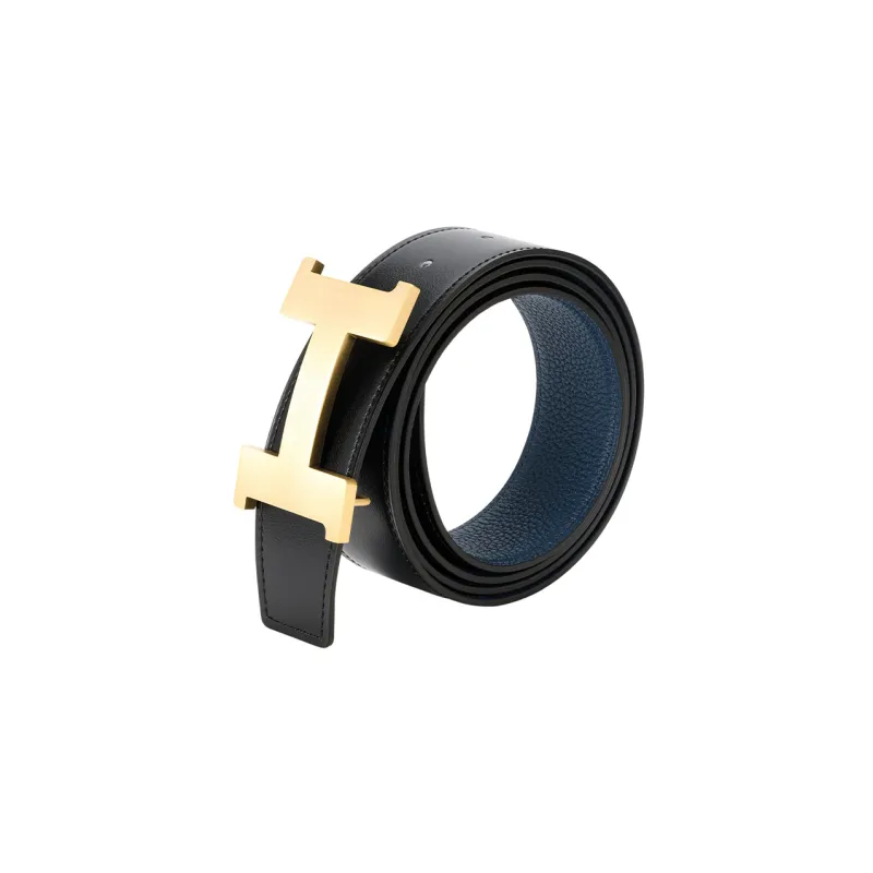 HERMES Togo Leather Belts Men Black/Dark Blue-4