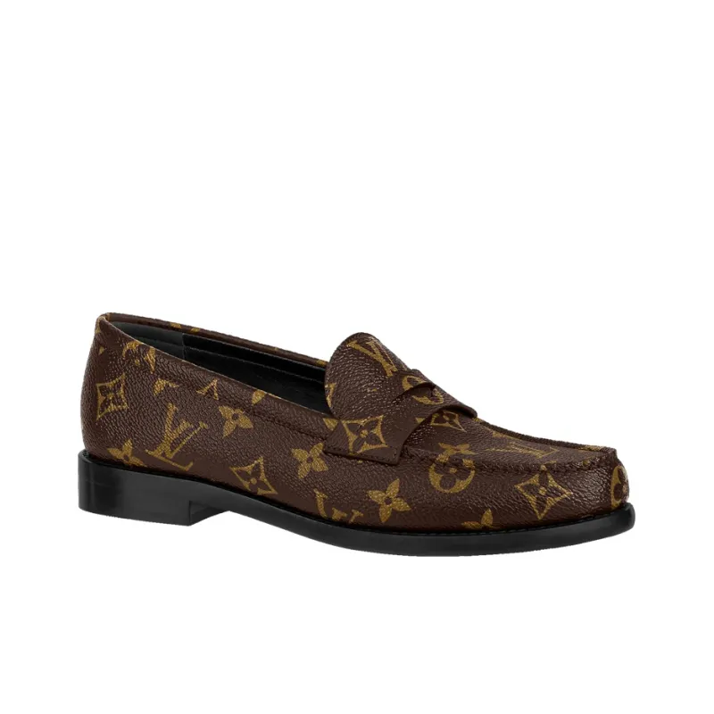 LOUIS VUITTON Monogram Leather Logo Loafers 'Brown' Women's-1
