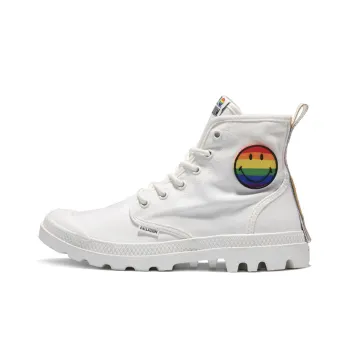 Palladium Pampa Smiley Pride Wear Resistant Slip Resistant High Top Canvas Shoes Unisex White