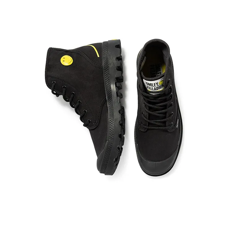 SMILEY x Palladium Pampa Hi Be Kind Wear-Resistant Cushioning Breathable High-Top Canvas Shoes Unisex Black-4