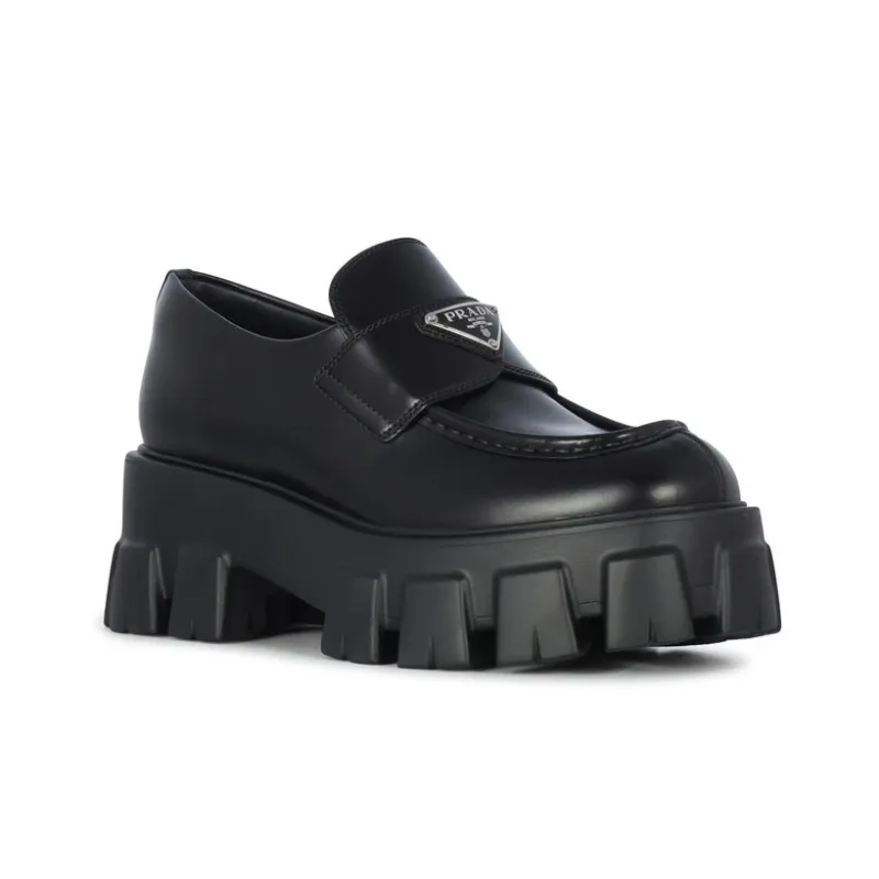 PRADA Brushed Leather Monolith Loafers 'Black' Women's-2