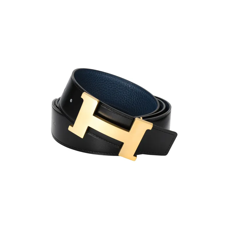 HERMES Togo Leather Belts Men Black/Dark Blue-2