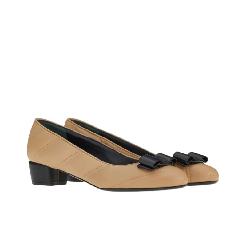 FERRAGAMO Vara Chunky Heel Casual Single Shoes Women's Beige-2