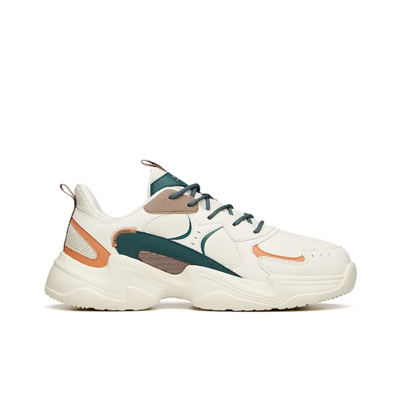 ANTA Chunky Sneakers Men Low Top Light Beige White/Dark Moss Green/Orange-2