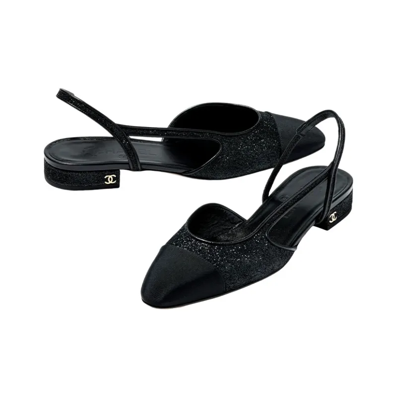 CHANEL Glitter 20mm Slingbacks Black Grosgrain Women's-2
