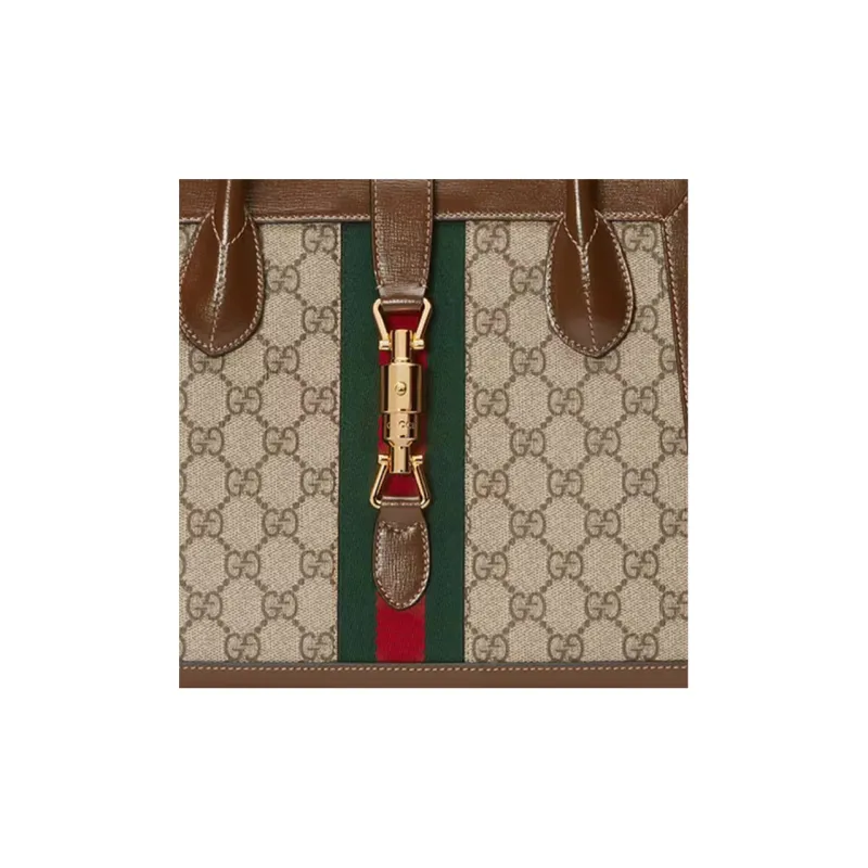 GUCCI Jackie 1961 Canvas With Leather Trim Tote Handbag, Shoulder Bag Medium Size Unisex Brown-5
